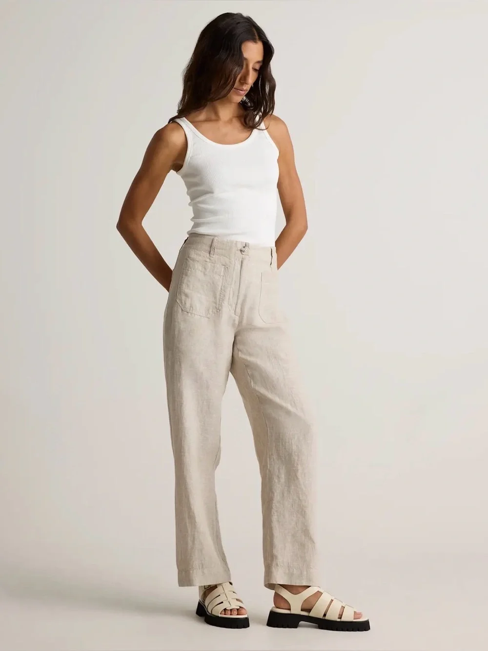 Quince Women’s 10 100% European Linen Wide Leg Trouser Pants Flax 10 Tan Classic